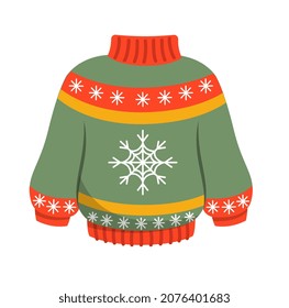 Colorful Christmas Sticker. Warm knitted sweater with snowflakes. Clothing for winter holidays. Design element for New Year poster. Cartoon flat vector illustration isolated on white background