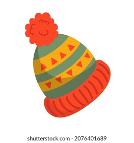 Colorful Christmas Sticker. Warm knitted hat with geometric ornament. Clothing for winter holidays. Gift packaging design element. Cartoon flat vector illustration isolated on white background