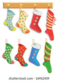 Colorful Christmas Stockings hanging on hooks. Vector layers make separating elements easy.