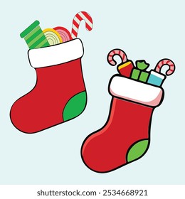 Colorful Christmas Stockings Overflowing with Gifts. Two festive Christmas stockings bursting with colorful gifts and candy canes, embodying holiday cheer and gift-giving joy.