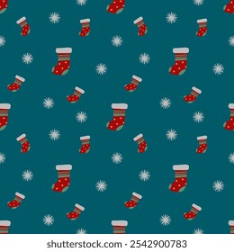 Colorful Christmas stockings pattern green background.perfect for festive holiday wrapping paper, wallpaper, fabric design, greeting cards, and winter decorations, with cartoon-style.