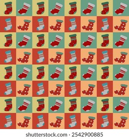 Colorful Christmas stockings pattern on a checkered background.perfect for festive holiday wrapping paper, wallpaper, fabric design, greeting cards, and winter decorations, with cartoon-style.