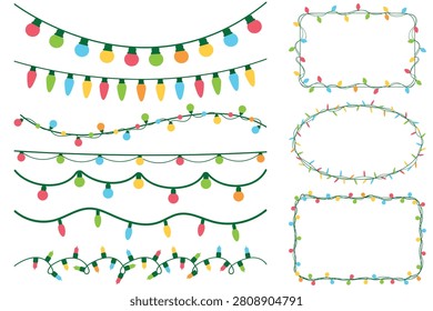 Colorful Christmas String Lights and Frames Set Festive Holiday Fairy Light Borders and Garlands