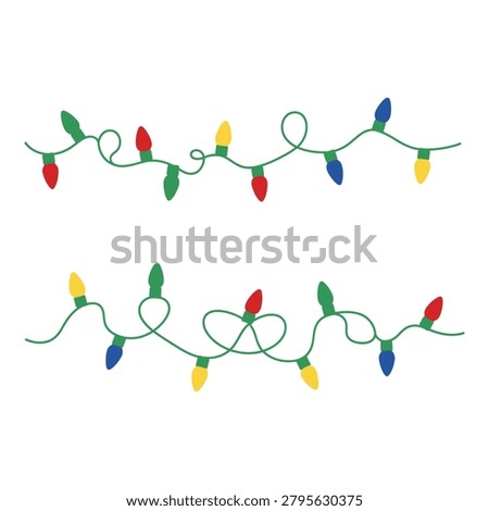 Colorful Christmas string lights with red blue green and yellow bulbs on green cord icon