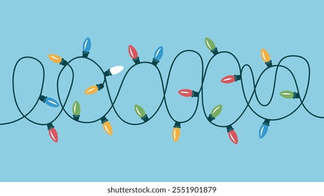 Colorful Christmas string lights tangled in a playful pattern on a light blue background
