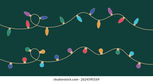 Luzes coloridas de corda de Natal em dois estilos — lâmpada e lágrima — em um fundo verde escuro, perfeito para decorações festivas e designs de férias.