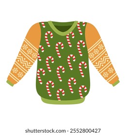 Colorful Christmas sweaters with gifts, candy canes, and ornaments