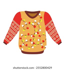 Colorful Christmas sweaters with gifts, candy canes, and ornaments