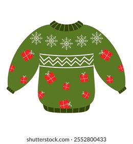 Colorful Christmas sweaters with gifts, candy canes, and ornaments