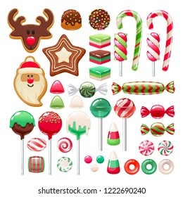 Colorful Christmas sweets set - hard candy, chocolate eggs, candy canes, jellies. Vector illustration. Assorted wrapped candies.