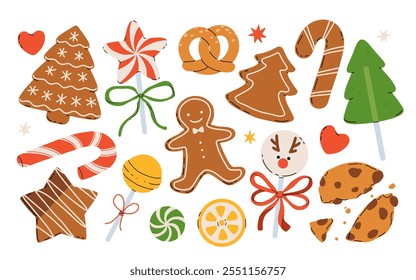 Colorful Christmas sweets set - hard candy, gingerbread cookies, candy canes, lollipop. Flat cartoon vector illustration.