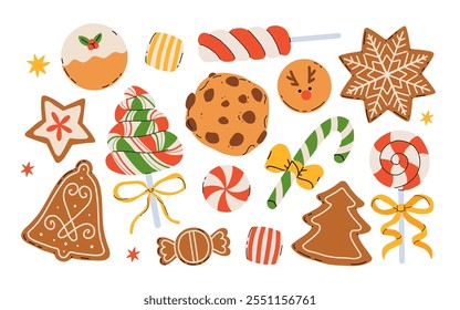 Colorful Christmas sweets set - hard candy, gingerbread cookies, candy canes, lollipop. Flat cartoon vector illustration.