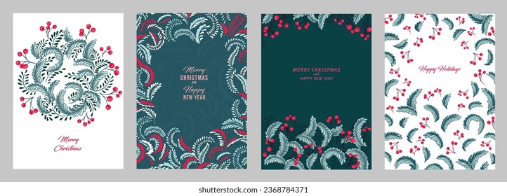 Colorful Christmas templates with copy space. Set greeting cards Merry Christmas, Happy New Year with vector hand drawn decorative,  Christmas wreath, ornate floral frame, winter ornament