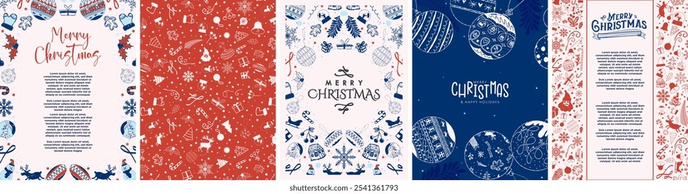 Colorful Christmas Themed Poster Templates in red, blue, and cream color with decorative Christmas elements and space for text. Merry Christmas ad Happy Holiday Greeting Card backgrounds. Vector.