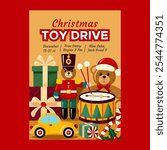 Colorful Christmas Toy Drive Poster Featuring Teddy Bear and Drums