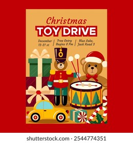 Colorful Christmas Toy Drive Poster Featuring Teddy Bear and Drums