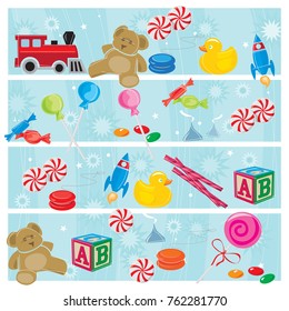 Colorful Christmas toys and candy with stars background; Retro style inspired by mid-century modern illustration