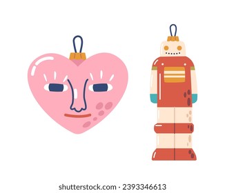 Colorful Christmas Toys for Pine Tree. Heart Face and Robot Sparkling With Festive Joy. Whimsical Vector Figurines