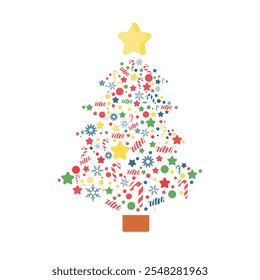 Colorful Christmas Tree amde from candy, peppermints, stars, dots, Xmas ornaments, for holiday, December, winter graphic element