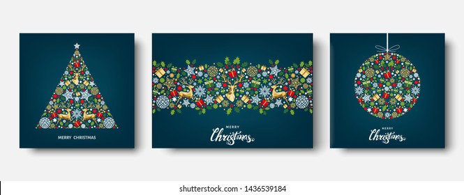 Colorful  Christmas tree,  ball.  Golden, red, green, white  decoration. Happy New Year background. Gold Xmas  reindeer, gifts,  snowflakes. Vector template  for greeting  card.