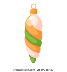 Colorful Christmas tree decoration in shape of icicle. Old-fashioned vintage seasonal glass toy suspended on laces for Xmas fir plant to traditional winter holidays. Cartoon vector illustration.