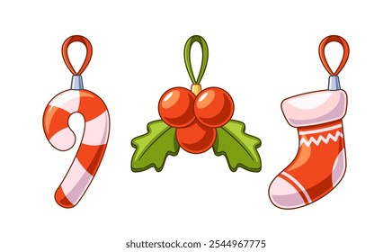 Colorful Christmas Tree Decorations Feature A Candy Cane, Holly Berries With Green Leaves, And A Red Stocking. Cartoon Ornaments For Festive Holiday Celebration, Add Cheerful Vibes And Seasonal Spirit