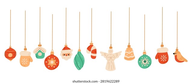 Colorful Christmas and tree decorations hanging on golden threads. Festive glass balls in row. New Year figurines. Holiday garland. Mittens and cute Santa. Winter celebration decor. Vector Xmas set