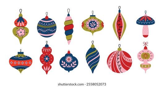 Colorful Christmas tree decorations and toys big set. Festive Christmas balls, baubles, icicles. Retro vintage bright colors.  Doodles and stickers. Vector isolated on white background.