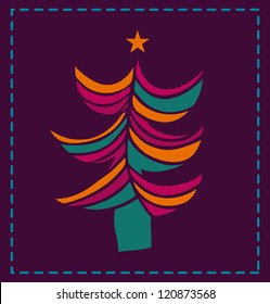 Colorful Christmas tree. Happy Hew Year banner. Hand drawn Christmas card template. Xmas border