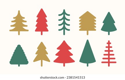 Colorful Christmas tree icon set. Collection of trendy fir tree symbol