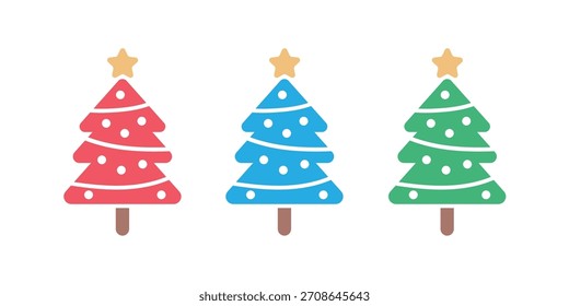 Colorful Christmas Tree Icon Vector Set. Red, Blue, and Green Holiday Symbol with Star Topper for Winter Celebration and Design.