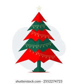 A colorful Christmas tree illustration featuring red and green layers with decorative garlands. The festive design includes a bright star on top, exuding holiday cheer and creativity.