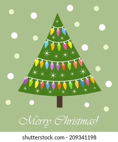 Colorful Christmas tree with lights card. Vector illustration