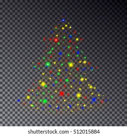 Colorful Christmas Tree made of sparkle isolated on transparent background. Stars light effect. Abstract design template for Happy New Year poster, card. Vector illustration