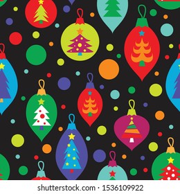 colorful christmas tree ornament seamless pattern with black background