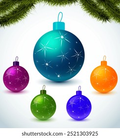 Adornos coloridos del árbol de Navidad en varios tonos que incluyen azul, púrpura, verde, amarillo y naranja. Superpuesto con patrones de estrellas y sobre un fondo blanco con ramas de pino verde. Ideal