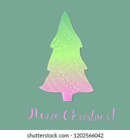 Colorful Christmas Tree with Pattern and Handwritten Lettering. Christmas Fir Tree made with Gradient and Shadows on the Pale Turquoise Background. Pattern in Boho, Zentangle, Doodle Style.