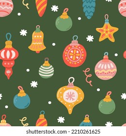 Colorful Christmas tree toys on green background, vector seamless pattern in flat style.