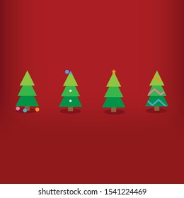 Colorful christmas trees with decorations, red background. Holiday's Background