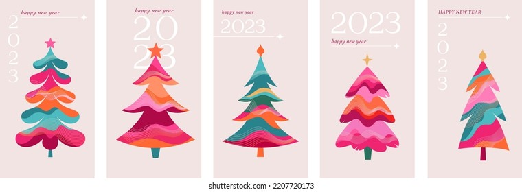 Colorful Christmas Trees Happy New Year 2023 Greeting Card Templates