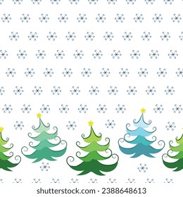 Colorful Christmas trees on a snowy day festive design with a cute snowflakes in minimal art style. white Winter background with falling snow. Xmas decoration. Vector illustra