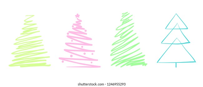 Colorful christmas trees on white. Set for icons on isolated background. Geometric art. Objects for polygraphy, posters, t-shirts and textiles. Colored illustration
