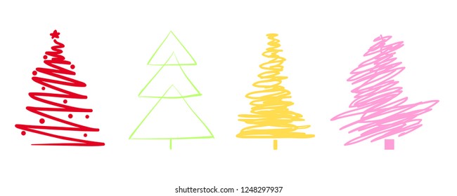 Colorful christmas trees on white. Set for design on isolated background. Geometric art. Objects for polygraphy, posters, t-shirts and textiles. Colored illustration