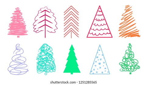 Colorful christmas trees on white. Set for design on isolated background. Geometric art. Objects for polygraphy, posters, t-shirts and textiles. Colored illustration