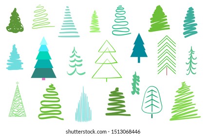 Colorful christmas trees on white. Set for design on isolated background