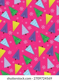 Colorful Christmas trees pattern on bright pink background