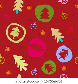 Colorful christmas trees seamless pattern. New Year decorative background. Hand drawn various shapes, lines and doodle objects, grunge texture.  Perfect for textile fabric or paper print