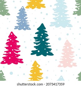 Coloridos árboles navideños sin costura. Árboles y nieve, festivos antecedentes de año nuevo. Plantilla para embalaje, regalos, tela y papel pintado, ilustración vectorial.