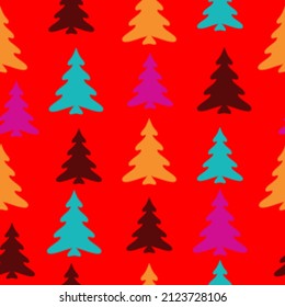 Colorful christmas trees seamless pattern background  Doodles. Seamless colorful winter pattern on black background. Vector illustration.