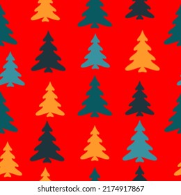 Colorful christmas trees seamless pattern background Seamless christmas pattern with christmas trees, bows, snowflakes on colored background
